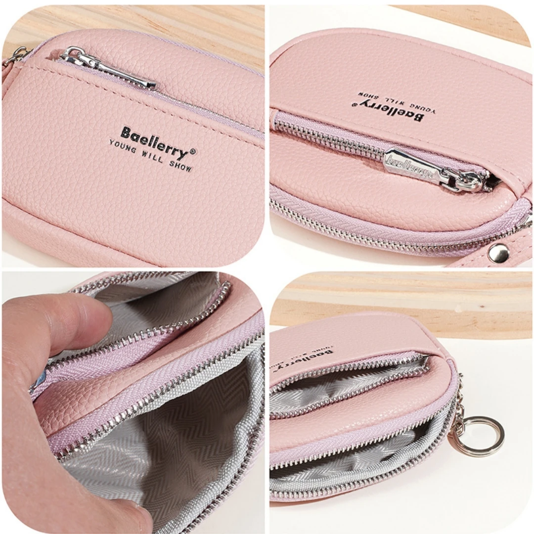 

Mini Zipper Coin Purse Women Small Wallet Double Layer Card Holder with Keychain Wrist Strap Leather Ladies Coin Storage Pouch