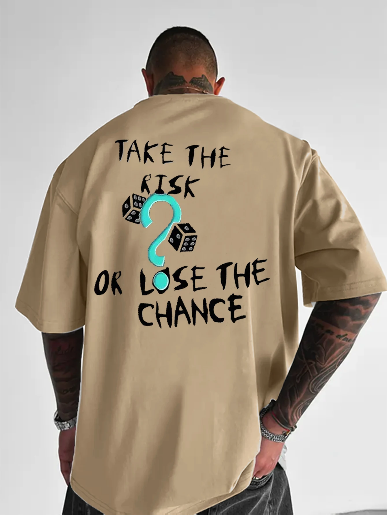 Men Oversized Crew Neck Tee, Take The Risk Or Lose The Chance Dice Text Graphic Back Print Short Sleeve Streetwear T-shirt