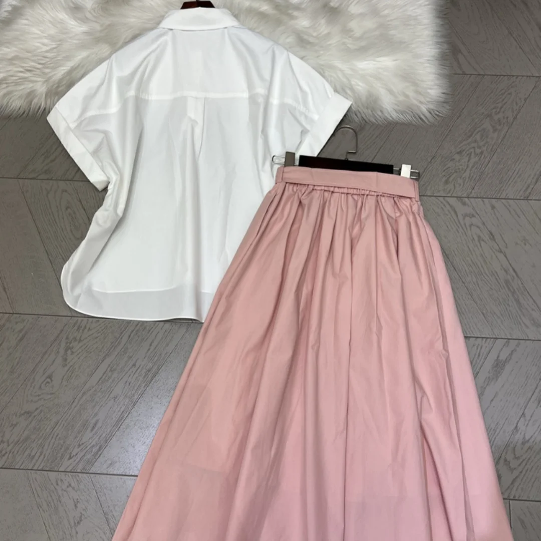 New Arrival Women's Summer White Drop Shoulder Shirt Flared Midi Skirt 2-Piece Casual Outfit Set