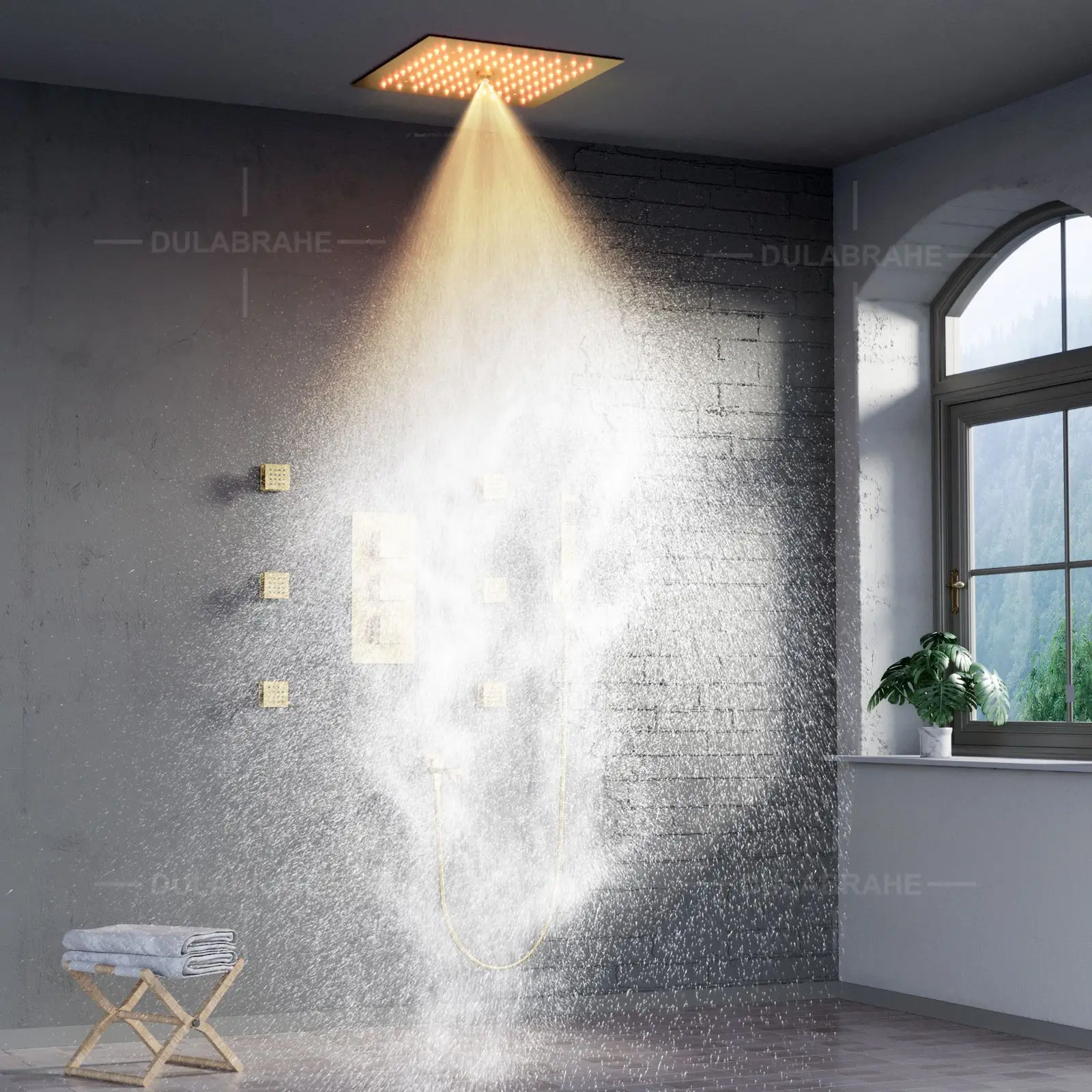 Deluxe brushed gold LED light concealed four-function set shower shower set wall shower 300 * 300mm