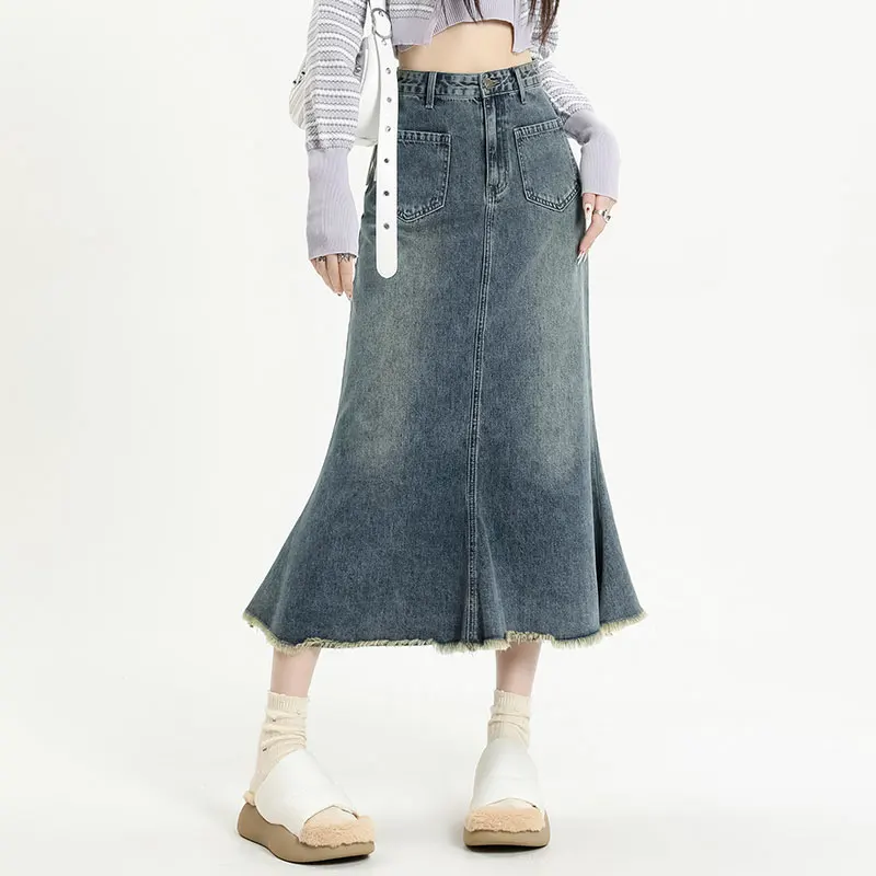 

Ретро-юбка-«рыбий хвост» из денима средней длины с завышенной талией, А-силуэт, модная весенняя женская юбка-полусолнце малого размера