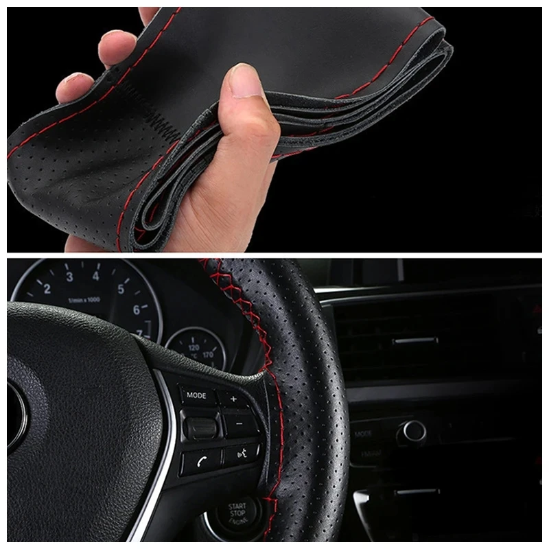 Genuine Leather Car Steering Wheel Cover With Needles Thread 37-38cm Diameter Diy Braid Cowhide Steering Wheel Protector