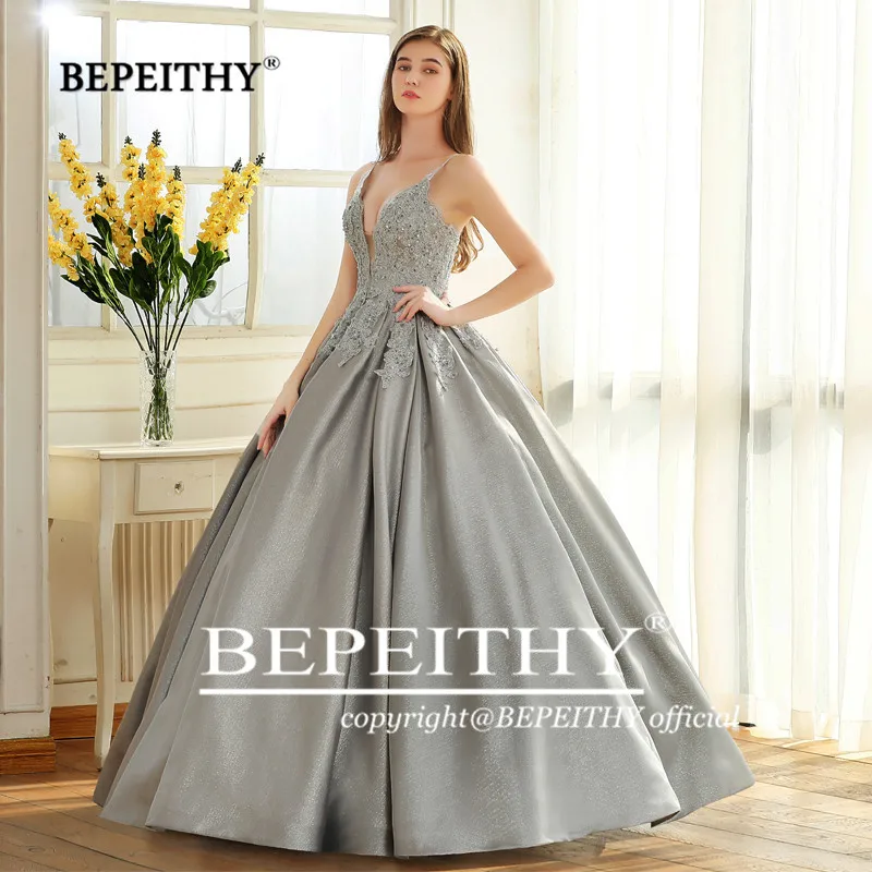 BEPEITHY-vestido De noche con tirantes finos, corpiño De encaje, tela brillante, Abiye, fiesta De graduación, 2021