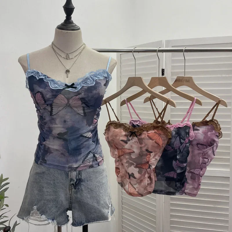 ISAROSE Y2K Butterfly Camisole for Women Retro Summer Adjustable Spaghetti Straps Stretch Mesh Braless Tie Dyeing Lace Crop Tops