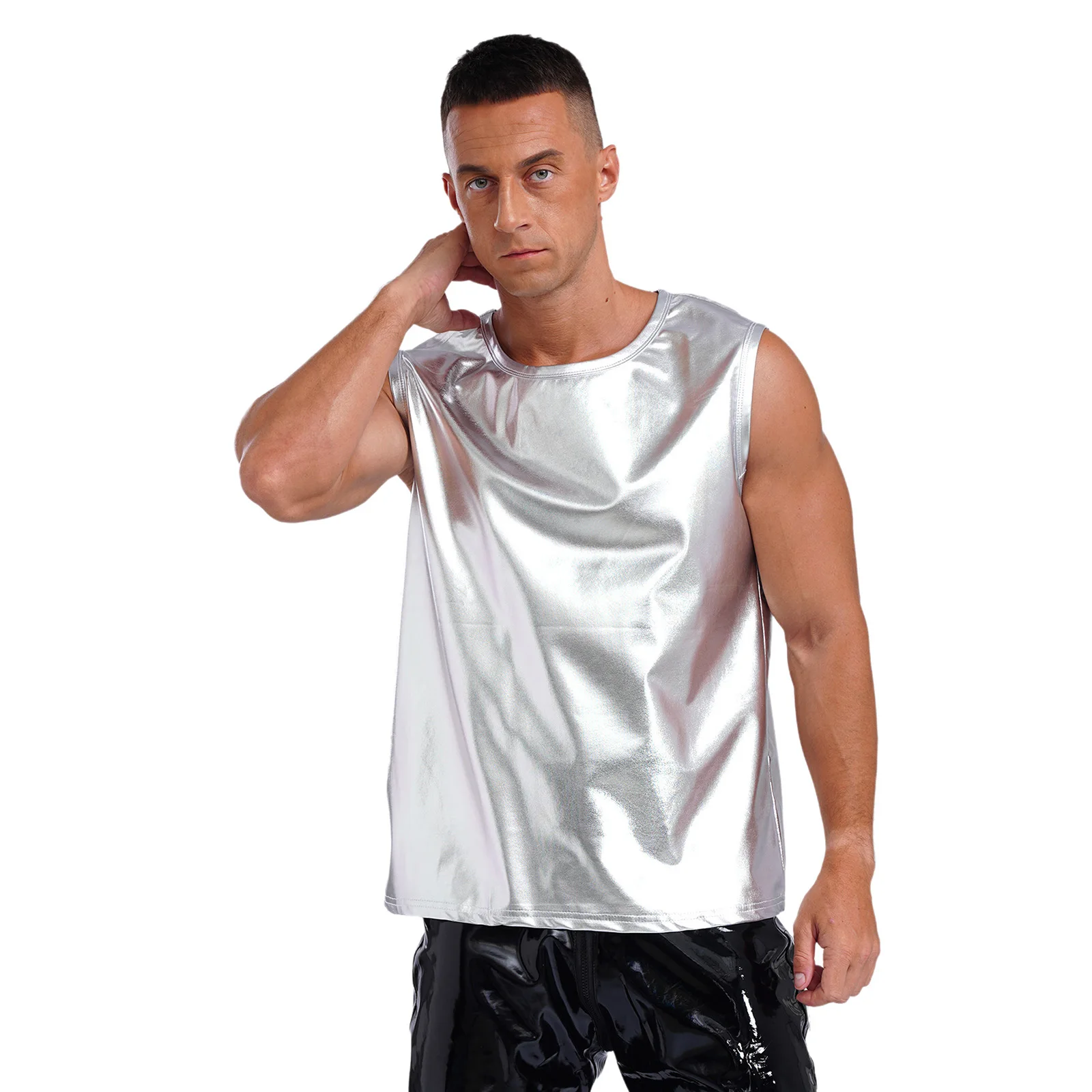 Camiseta sin mangas metálica brillante para hombre, ropa para discoteca de los años 70, ropa para discoteca, chaleco sin mangas, camiseta para club nocturno, camiseta, disfraz de vestido elegante