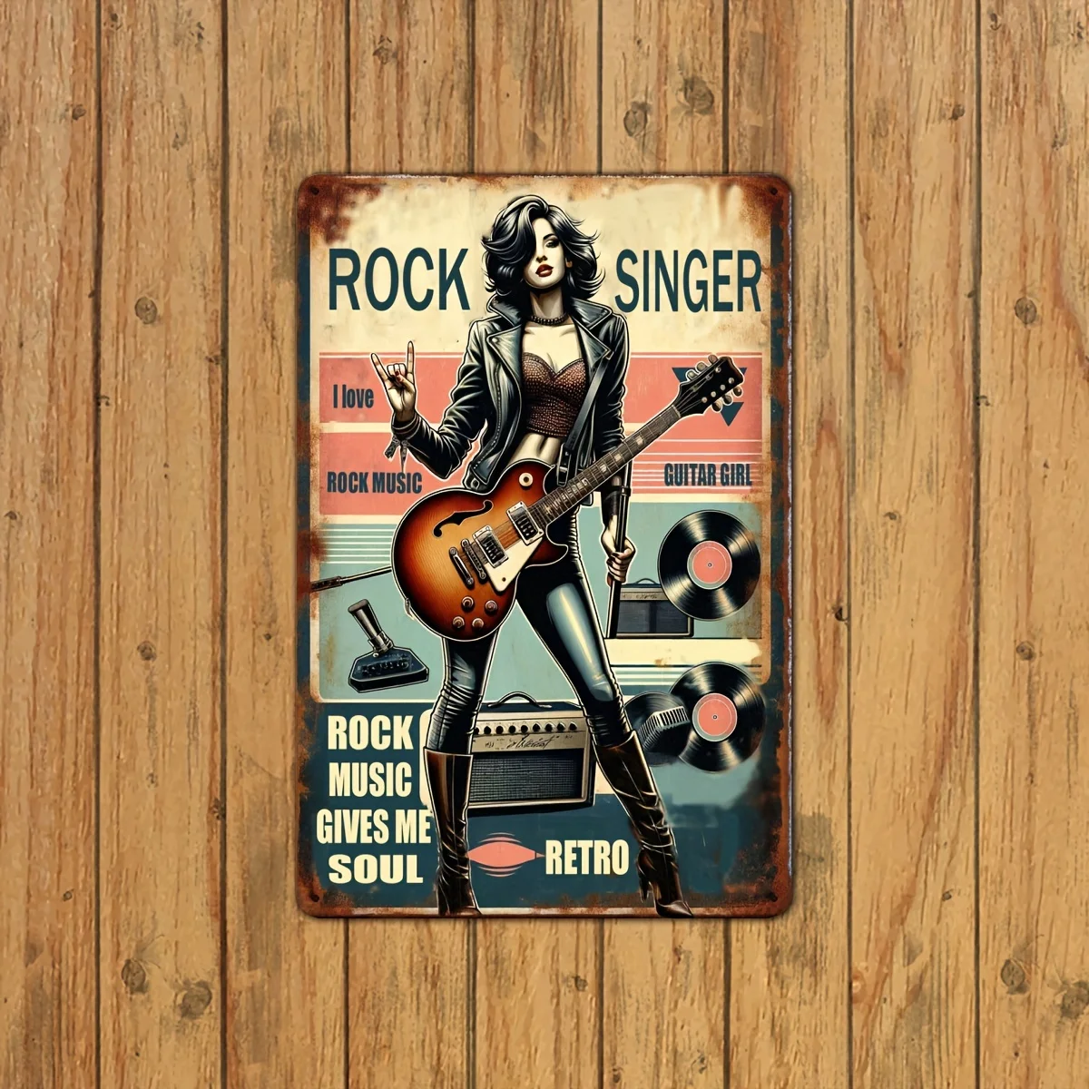 2D Retro Rock Singer Metal Wall Art - Guitar Girl Foil Engraving Decor, Home & Bar Decorative Hanging, Waterproof and Dustproof