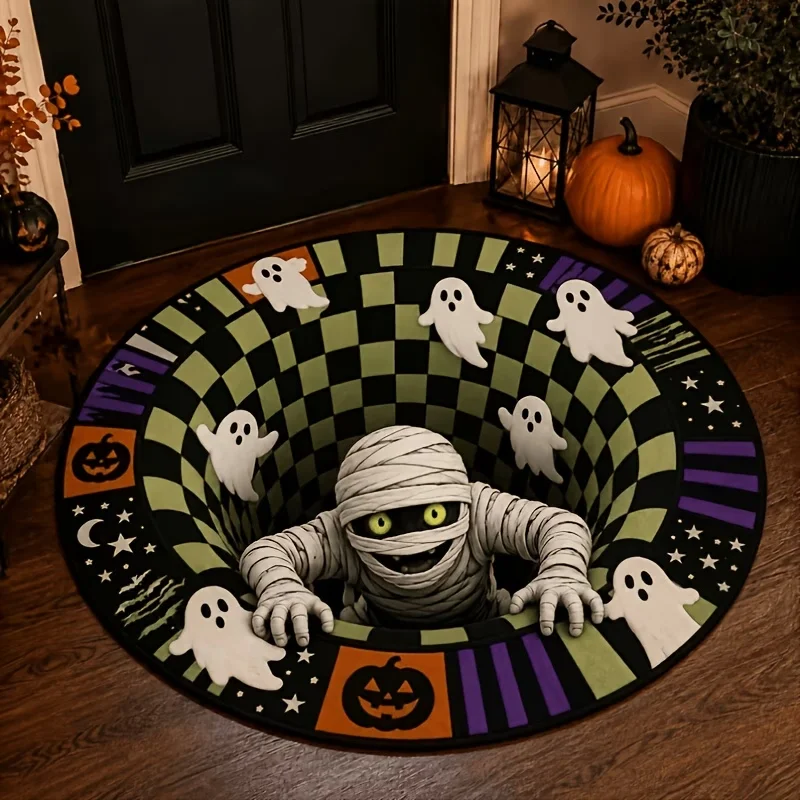 Mummy Ghost Halloween 3D Pit Floor Mat Entrance Hallway Sofa Side Home Decor Bedroom Kitchen Coffee Table Circle Area Rug