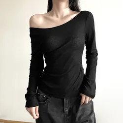 Women Off Shoulder Crop Tops Grunge Solid Color Backless Tie Up Shirt 90s Long Sleeve Slim Fit Ribbed T Shirt