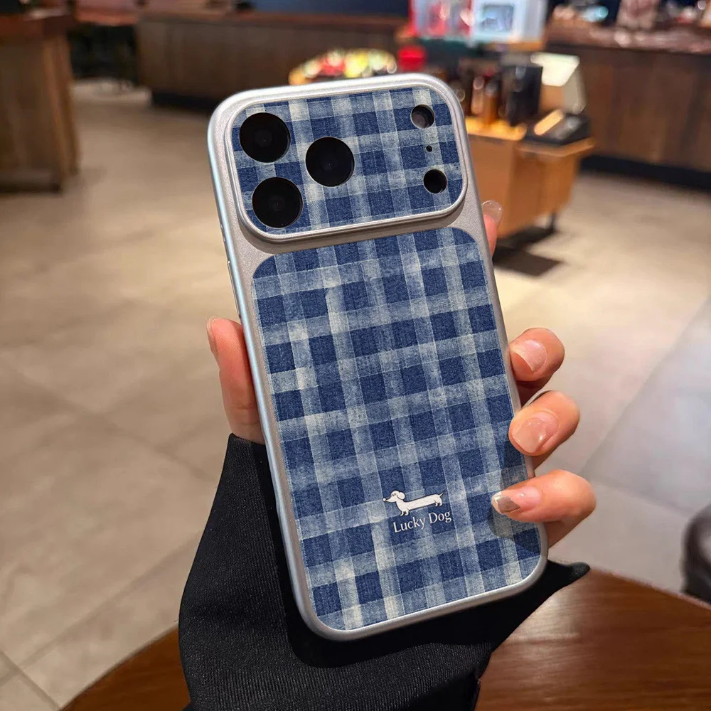 Blue-and-white Checkered Pattern Phone Case For iPhone 18 Pro Max 17 Pro 15 Pro 16 14 13 12 11 Faux leather Surface with lanyard view 3