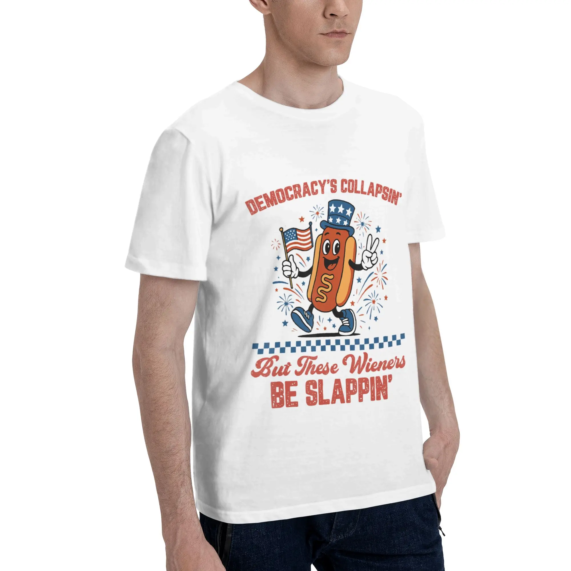 Democracy's Collapsing Hot Dog 4th July 250 Years Men T-Shirt Clothes  Creative Tees Short Sleeve fugees Cotton