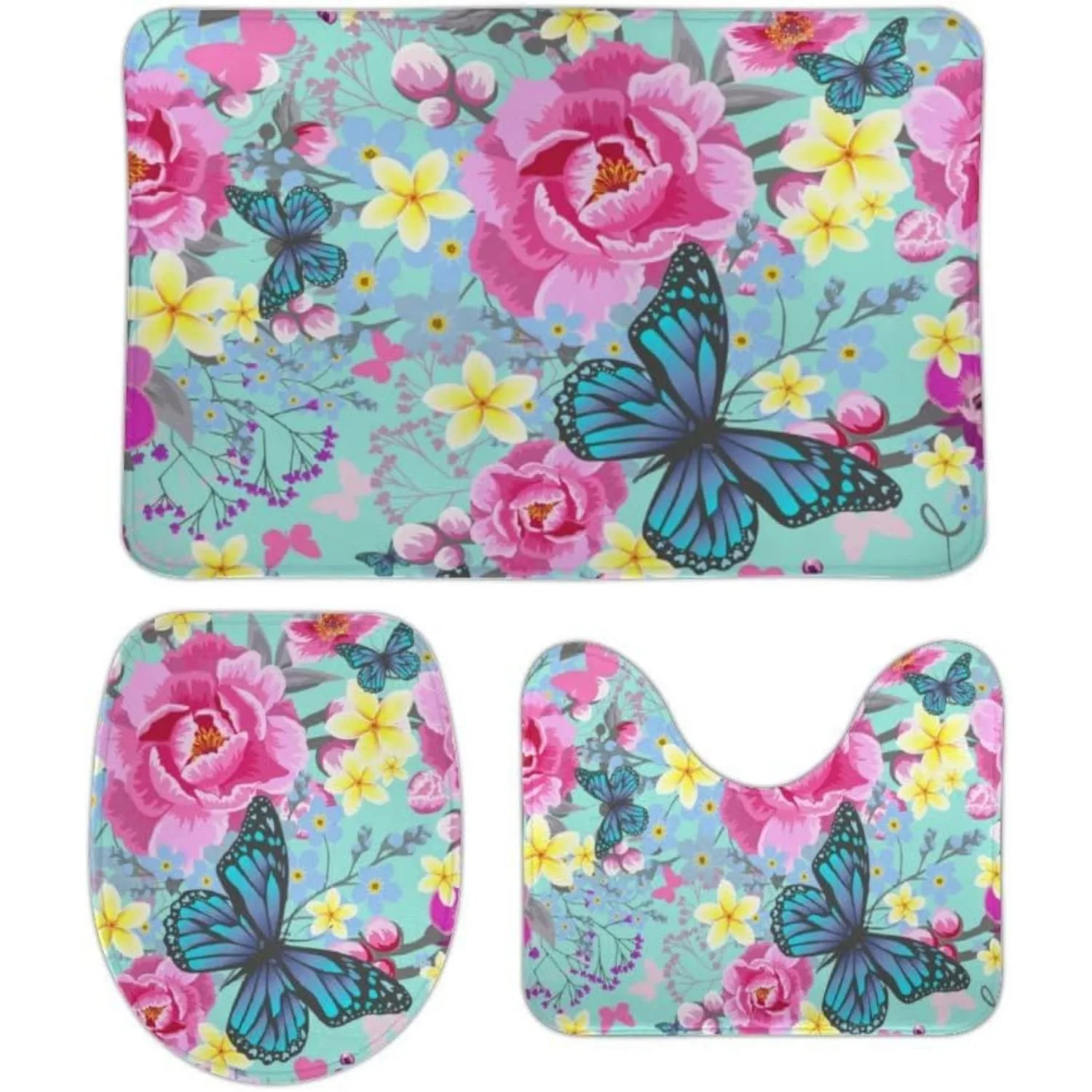 Set of Three RV Floor Mats Featuring a Lovely Floral And Butterfly Design, Including a Non-Slip, Absorbent Bath Mat, a Toilet Se