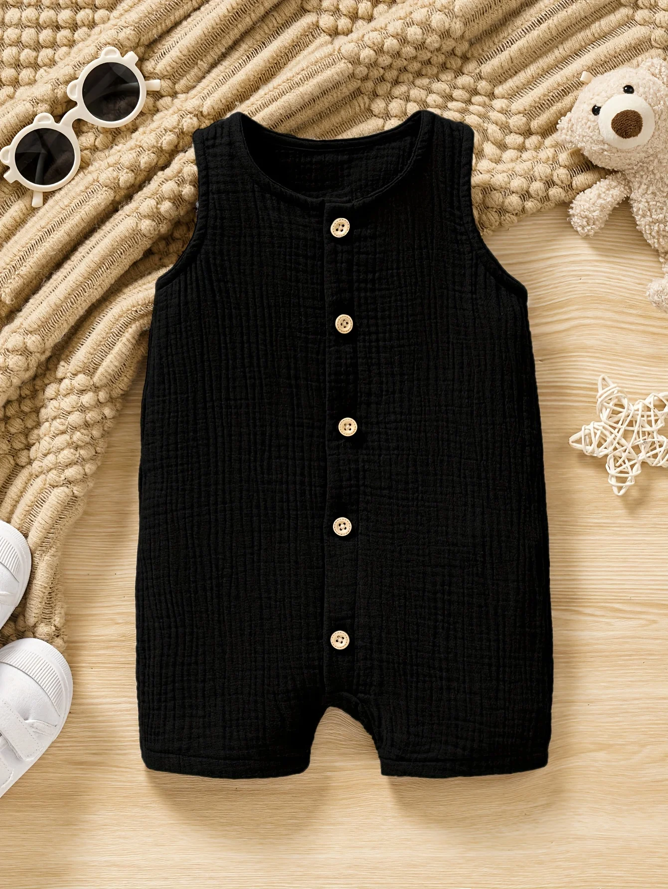 Baby\'s Comfy Cotton Button Front Bodysuit, Casual Solid Color Sleeveless Romper, Toddler & Infant Boy\'s Clothing