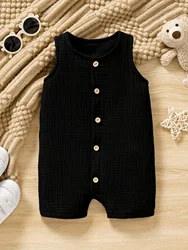 Baby's Comfy Cotton Button Front Bodysuit, Casual Solid Color Sleeveless Romper, Toddler & Infant Boy's Clothing