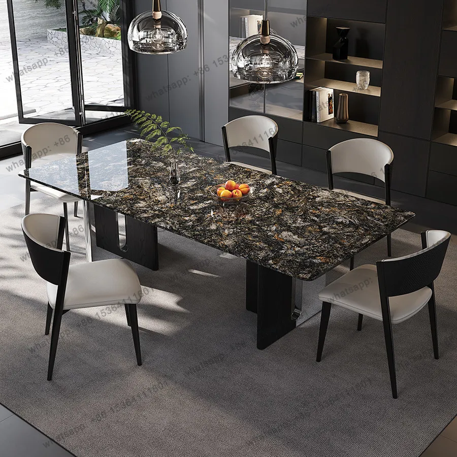 YJ Platinum Diamond Luxury Stone Dining Table Imported Natural Marble Rectangular High End Villa Table