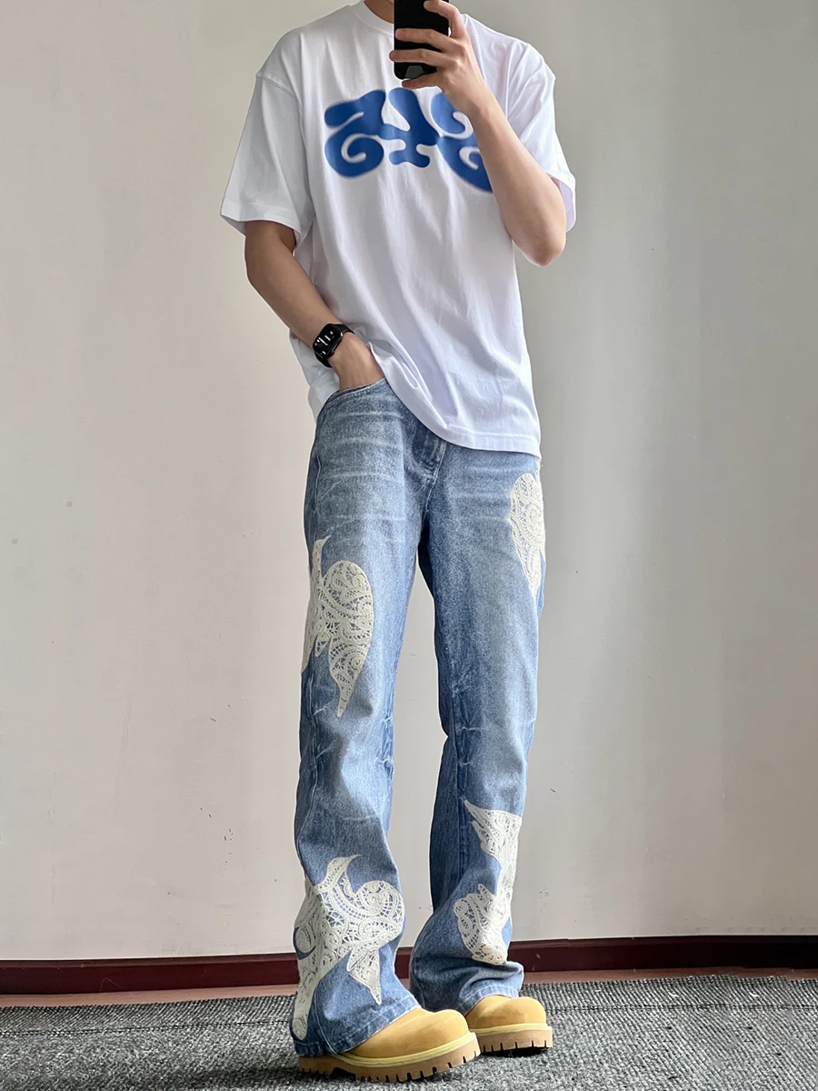 

Peace Lace Print Straight Leg Jeans Men's Design Sensation Waed Micro Flared Jeans Cleanfit Flared Pants