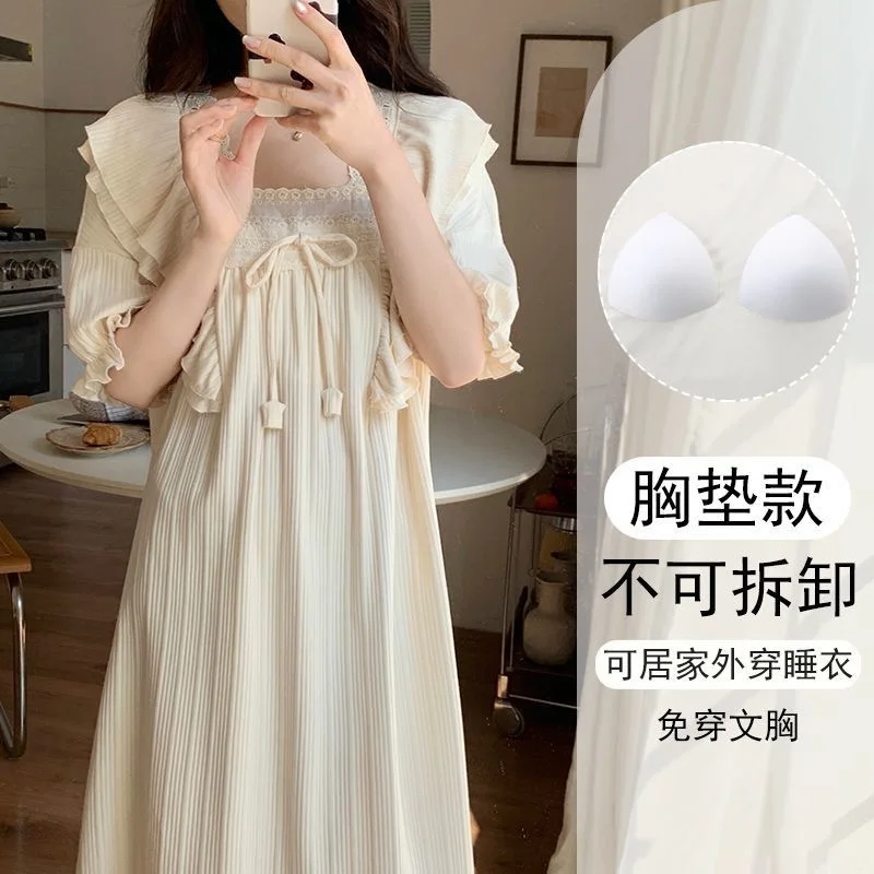 Ladies Short-sleeve Sleepwear Set Women Summer Nightgown Built Bra Girls Loose Loungewear Student Dress Outside Women Home Dress
