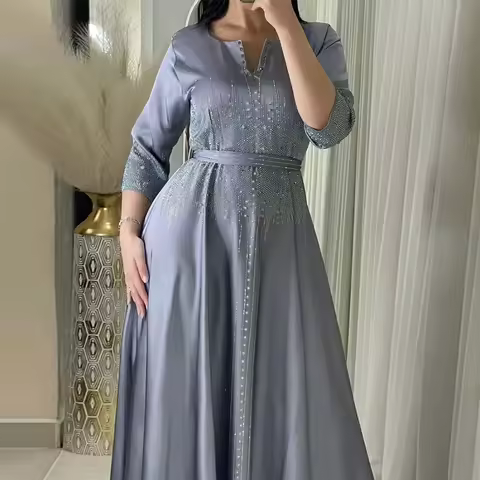Customized Muslim Satin Dress for Women Fashion Diamond Evening Dress Abaya Dubai Dinner Robe Muslim Dress Women Clothes for Mus