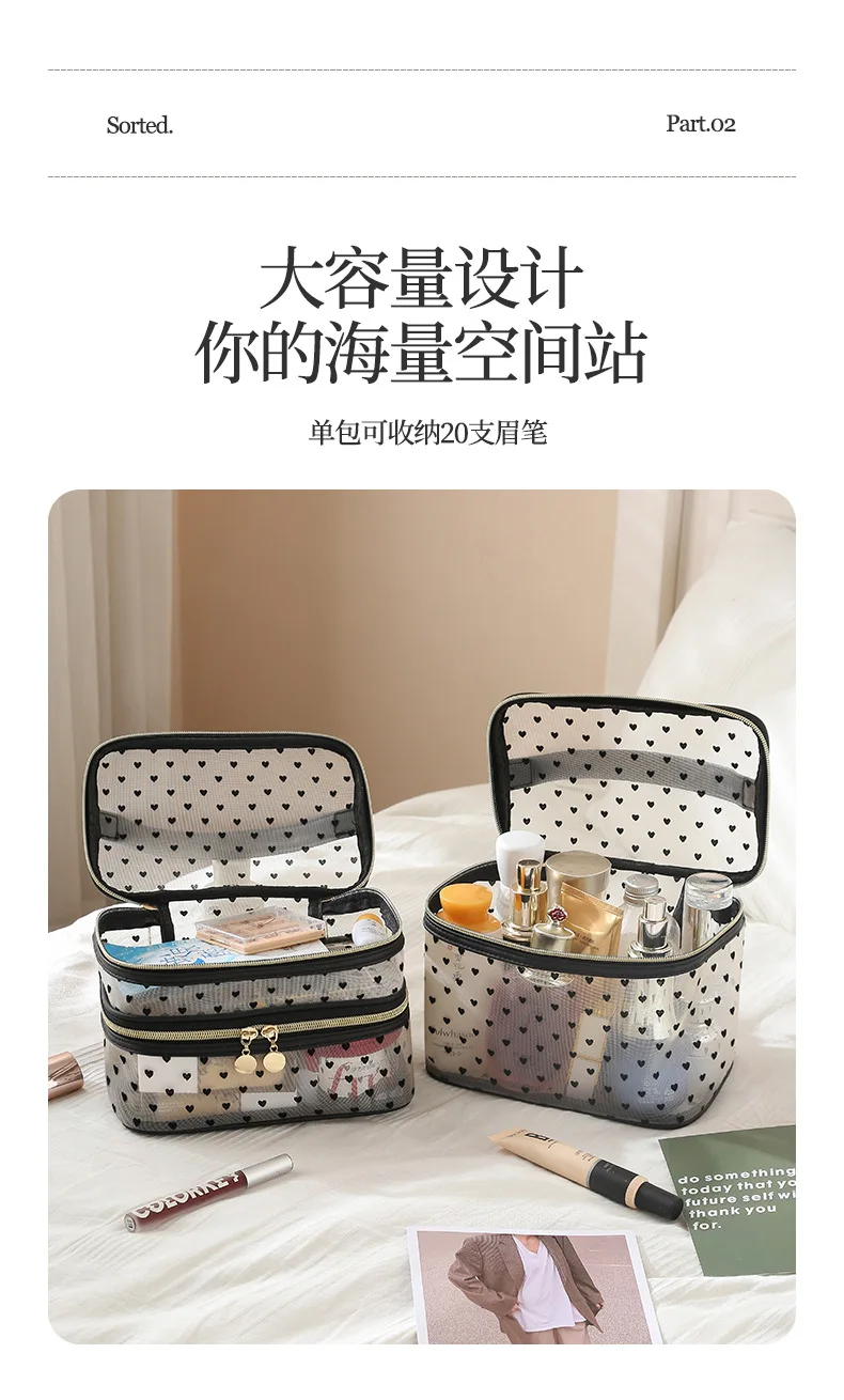 Doppelschichtige schwarze Mesh-Kosmetiktasche für Reisen, tragbar, großes Fassungsvermögen, Make-up-Koffer, Organizer, Aufbewahrungstasche, Kulturbeutel mit Reißverschluss – Detail 5