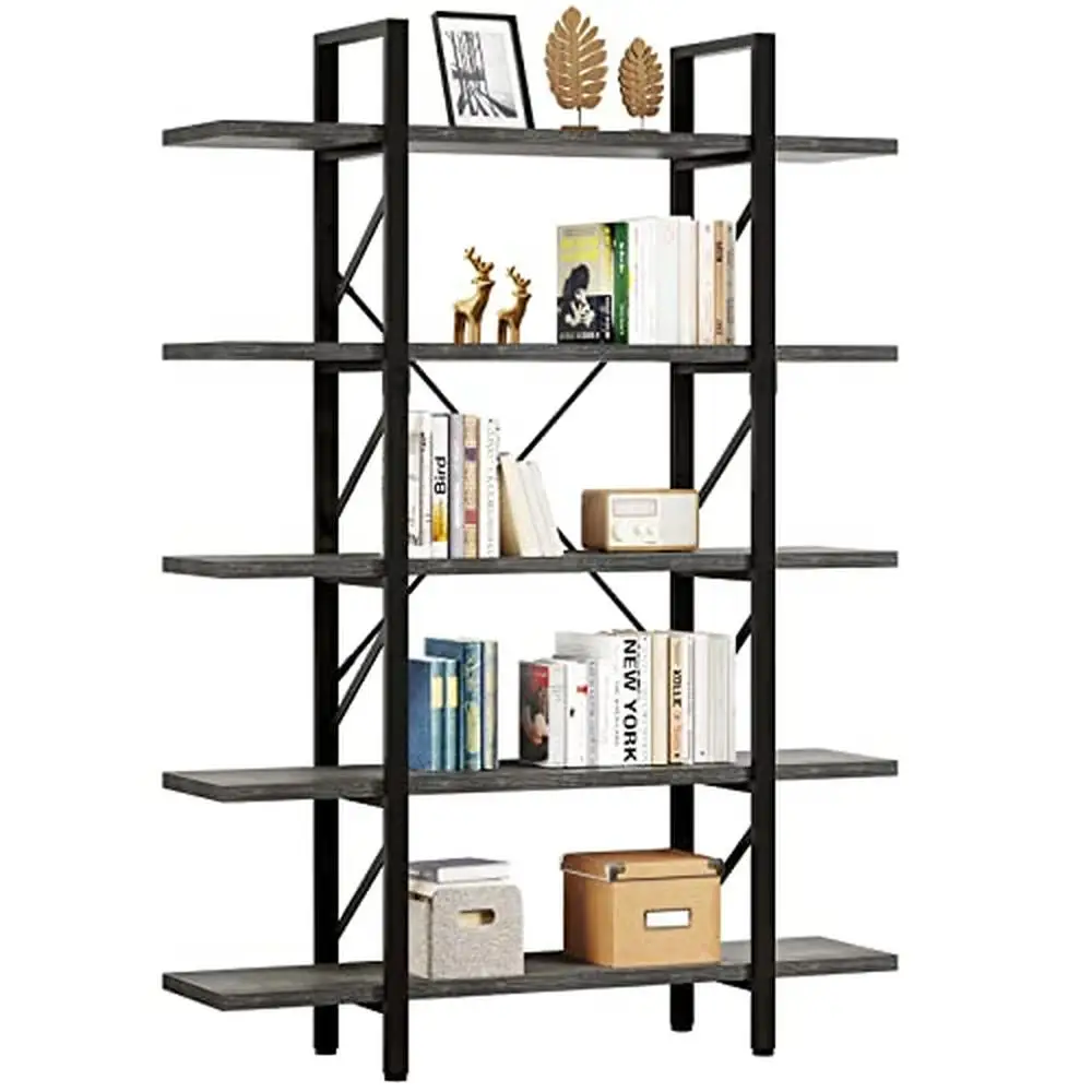 5-Tier Industrial Bookshelf Storage Organizer Home Office Living Room Durable Black Metal Frame with Unique X-Shaped Design