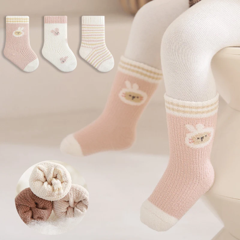 3 Pairs Baby Socks Winter Thick Kids Socks Middle Tube Socks Cute Cartoon Socks For Children