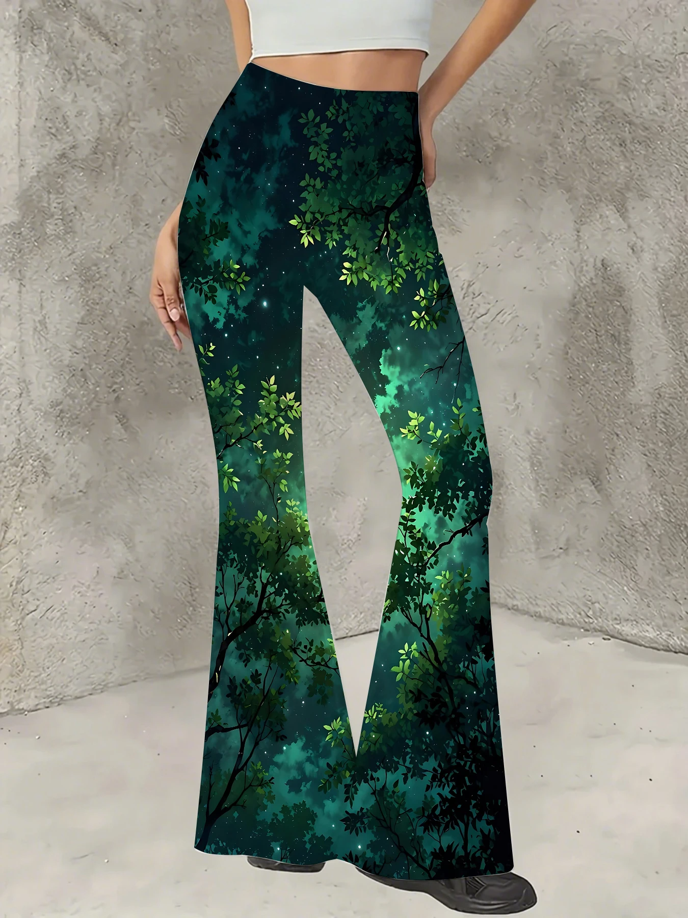

Retro Printed Flare Pants Women High Waist Polyester Knit Bell Bottom Trousers