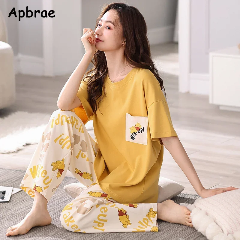 Summer Cartoon Women Cotton Pajamas for Women Short Sleeved Long Pants Nightwear Korean Fashion Bear Print Casual Homewear