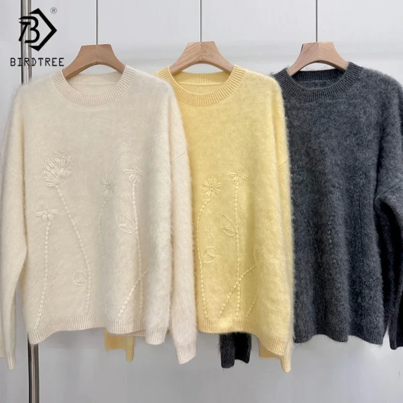 

Birdtree,100% Pure Wool Plush Warmth Sweater,Women Knitted Embroidery Tops,O-neck, Full Sleeve, 2025 Autumn Pullover T5D106JF