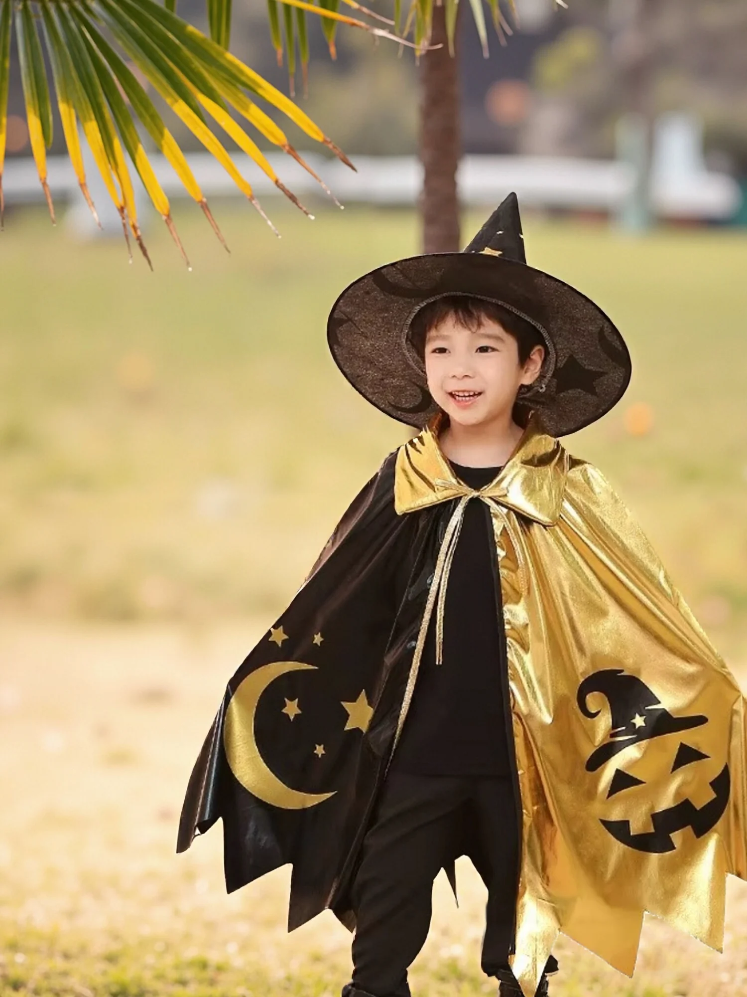 

Halloween Party Wizard Cloak Hat Children's Dress up Cloak Black Gold Splicing Cute Cosplay Children's Wear Moon Star Pattern