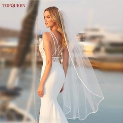 Topqueen-リボンエッジのウェディングベール,長くて柔らかいベール,エレガント,1レベル,長い櫛,v21