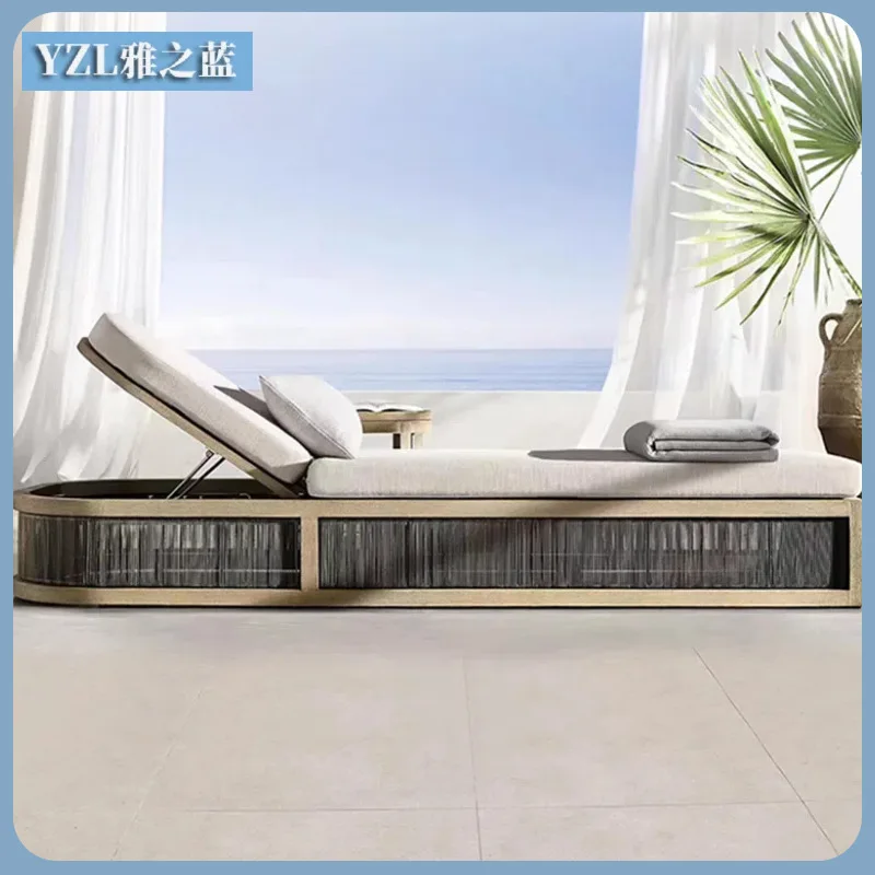 

Teak Wood Reclining Bed Recliner Swimming Pool Courtyard Outdoor Beach Chair Waterproof Sunscreen Rattan Woven R