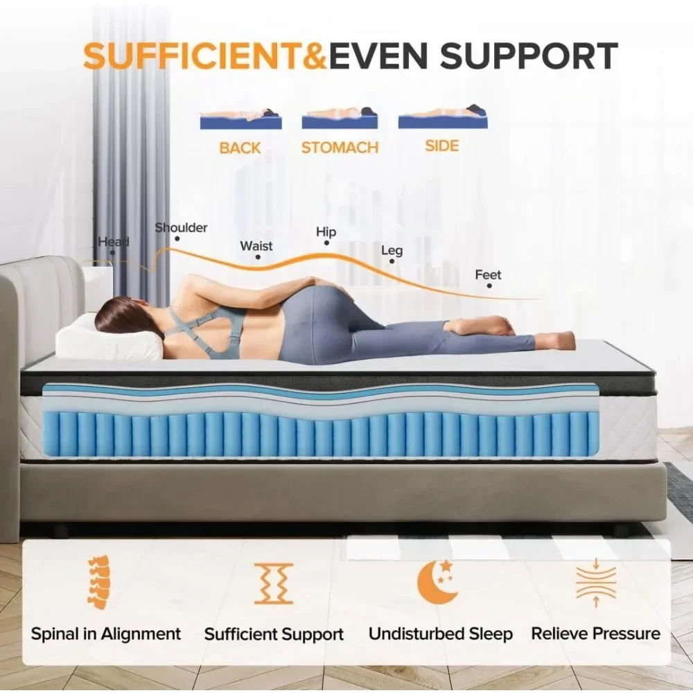 12 Inch Mattress with Individual Pocketed Coil Springs and High Density Foam, Edge Support, Motion Isolation, Pressure Relief