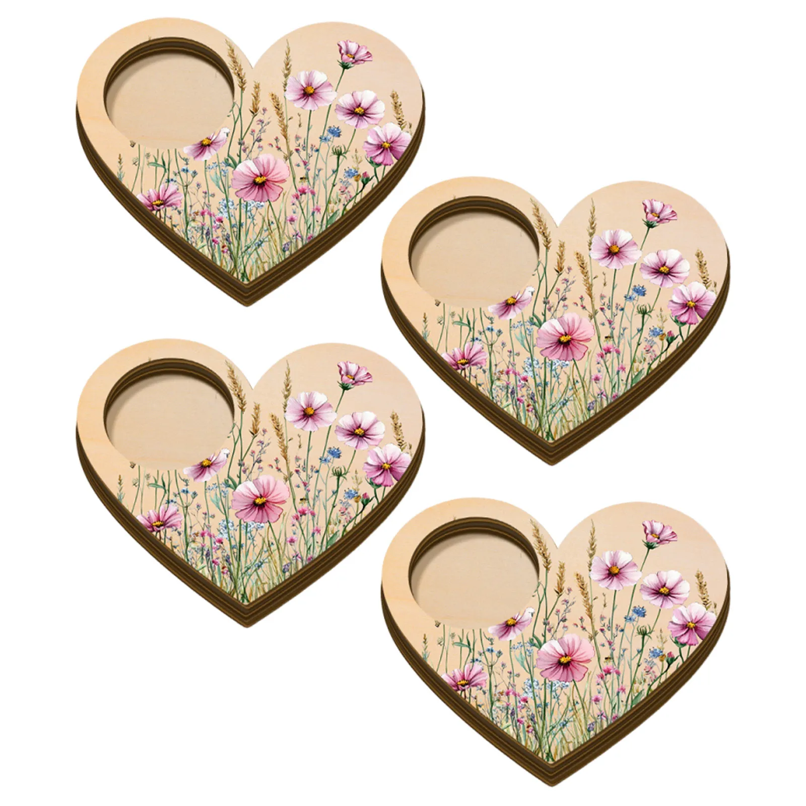 4Pcs Solid Wood Heart Holder Floral Tea Light Tray Rustic Farmhouse Table Centerpiece Wedding Anniversary