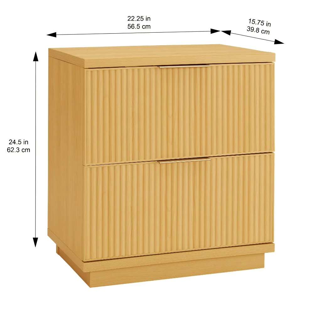 Lillian Fluted 2-Drawer Nightstand with USB, Natural Pine Easy To Assemble Bedroom Furniture