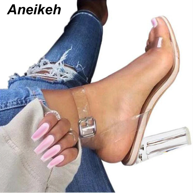 Aneikeh Sexy Clear PVC Transparent Pumps Sandals Perspex High Heels Womens Buckle Strap Party Nightclub Zapatillas De Mujer NEW