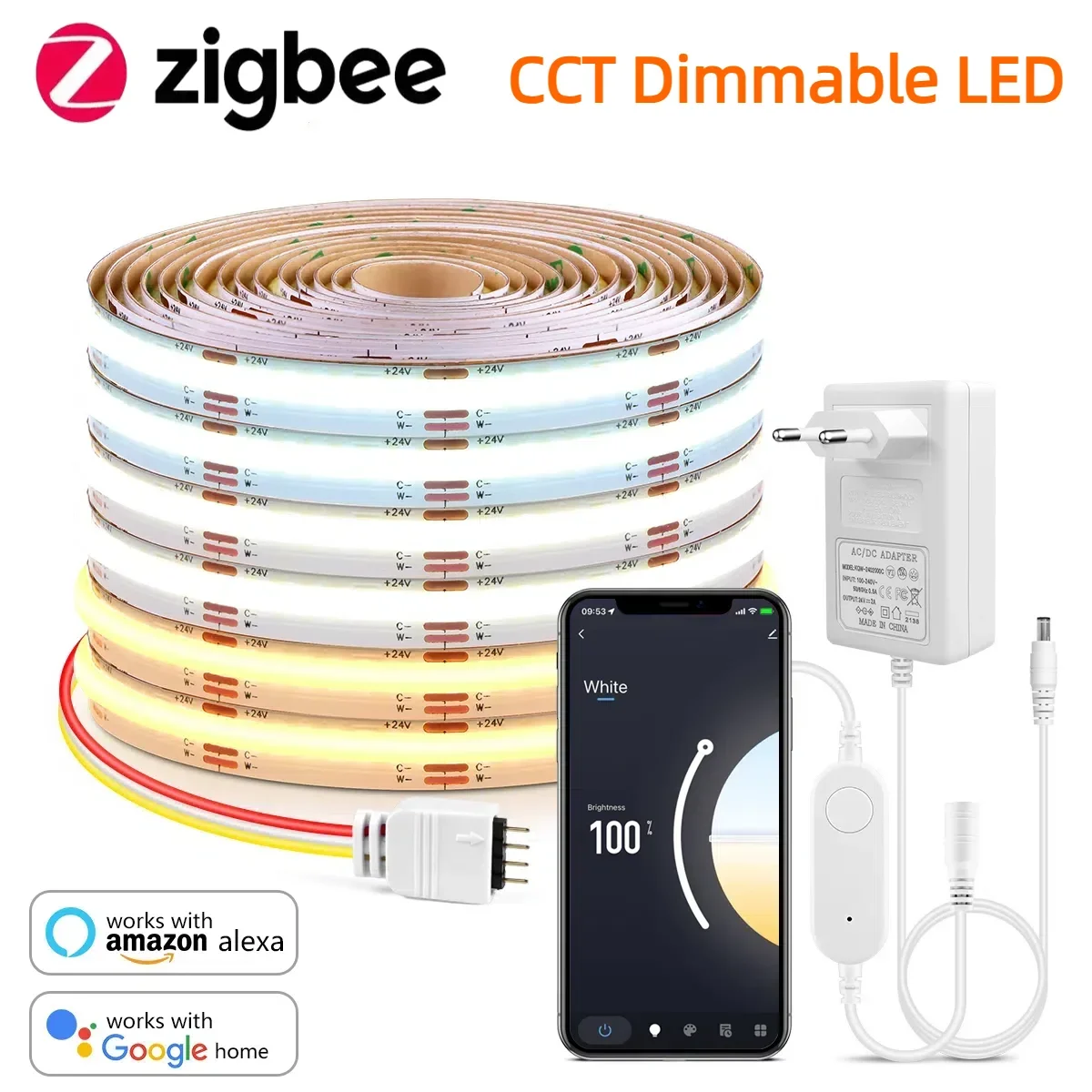 Zigbee 3.0 CCT 2700K-6500K Dimmable COB LED Strip Light 608LEDs/M High Density Work With Zigbee Hub Gateway Alexa Google Home