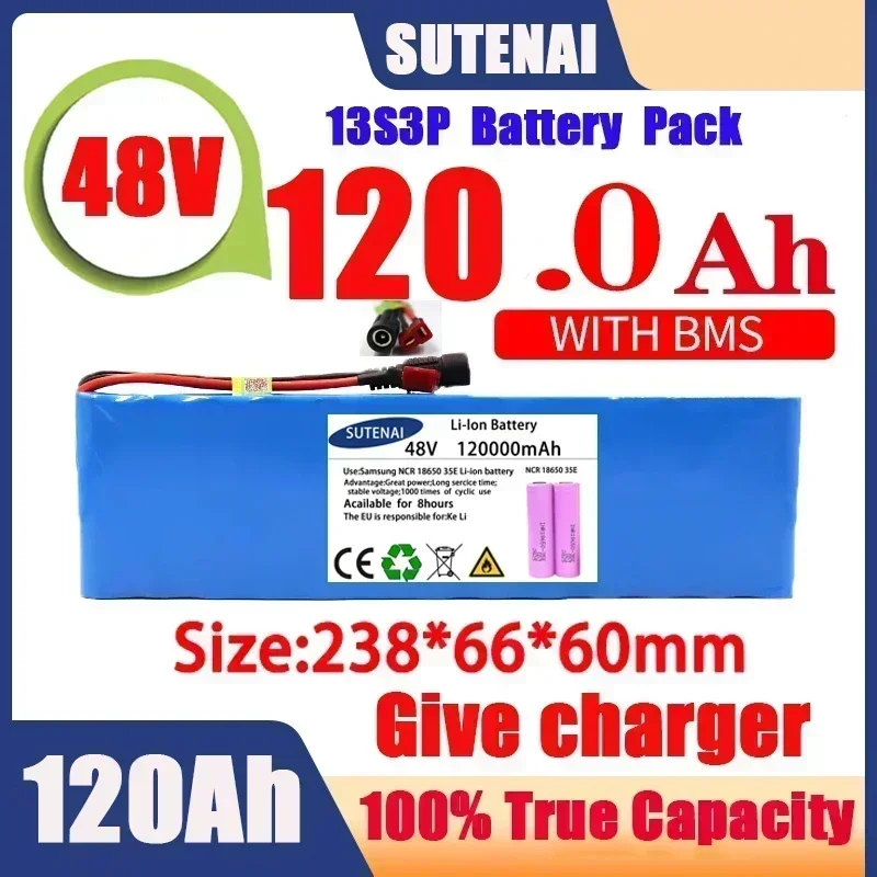 New 48V 120000mAh 1000w 13S3P 48V Lithium ion Battery Pack 120Ah For 54.6v E-bike Electric bicycle Scooter with BMS+charger