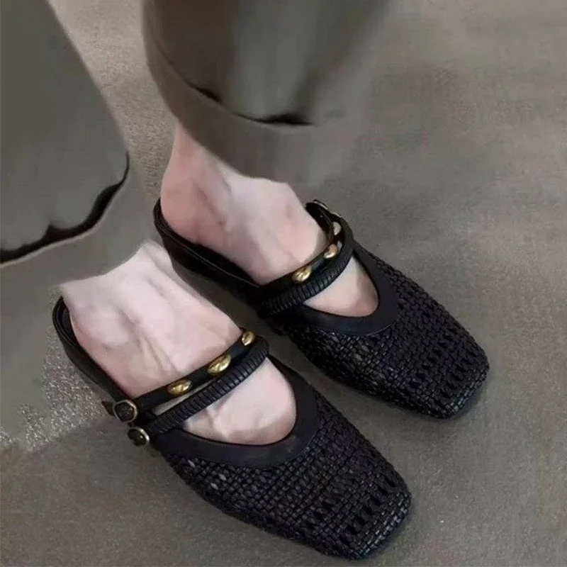 

Women Slippers Weave Square Toe Mules Shoes Hollow Summer Sandals 2025 Fashion New Slingback Sneakers Trend Flip Flops Zapatos