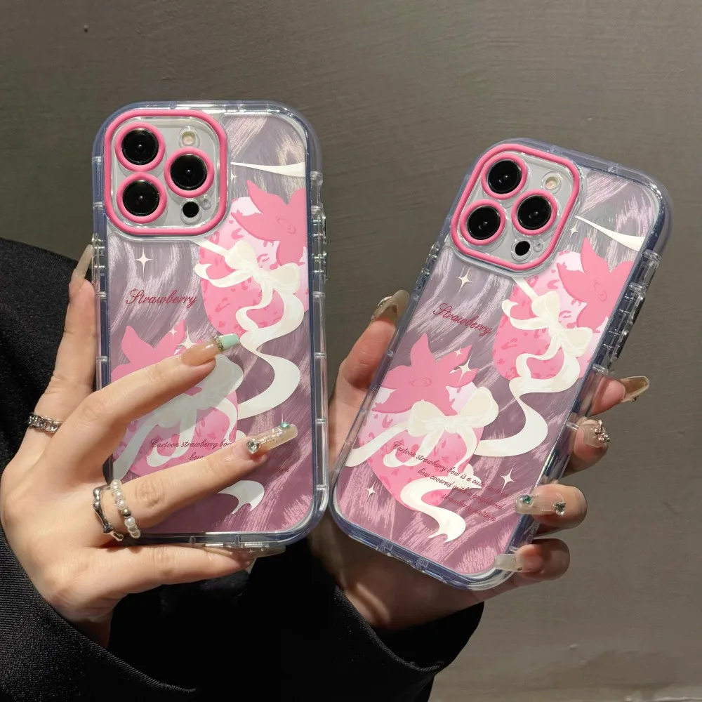 

Розовый чехол для телефона с клубничным бантом для IPhone 16 Pro max 15 Plus 14 Pro 13, подушка безопасности, перьевая пряжа, милый защитный чехол от падения