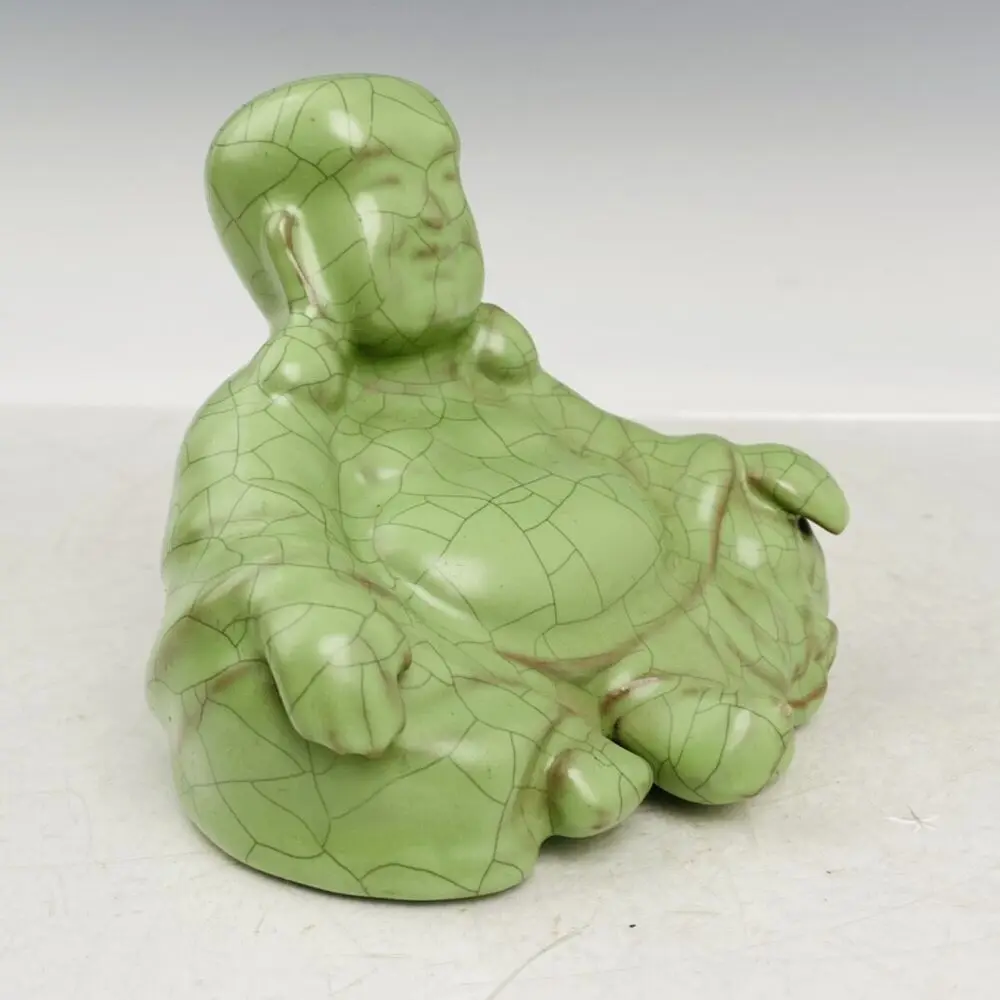 5.1 Inch China Porcelain Song Dynasty Ru Kiln Green Ice Crack Maitreya Buddha Statue