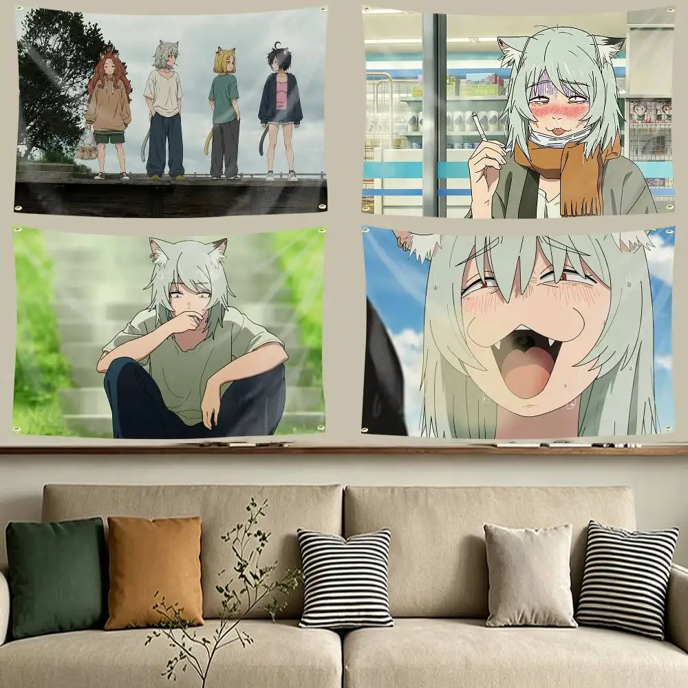 C-Chainsmoker Cat Y-Yani Neko Anime  Flag Tapestry Banner for Bedroom Living Room Outdoor Camping Custom Supported