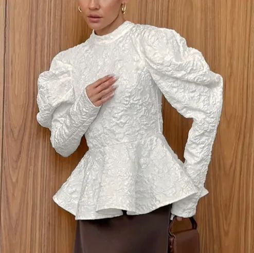 Lemongor feminino cor sólida texturizado jacquard peplum topos 2026 nova primavera puff mangas fino ajuste elegante festa zíper blusas