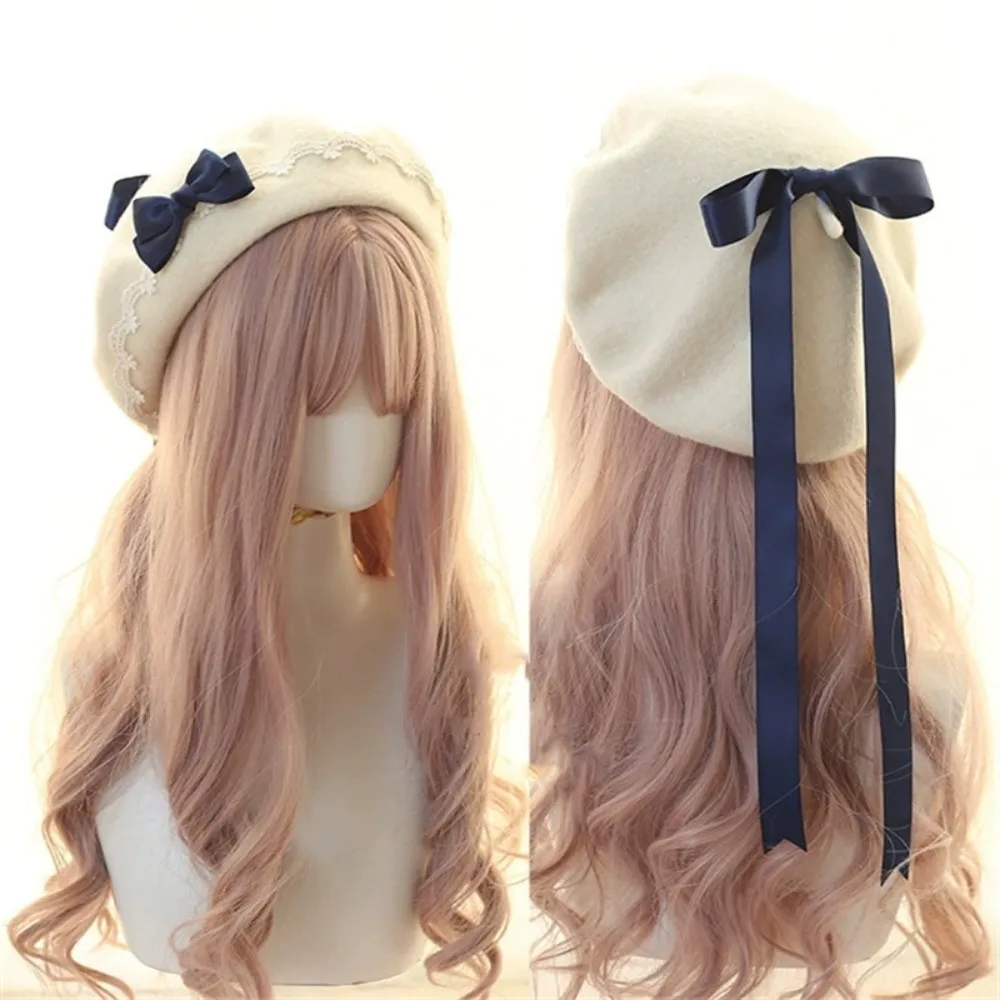 

Fashion Lolita Japanese Style Beret Hat Sweet Handmade Bow Beret Lacebow Woolen Winter Berets Hat Women Girls