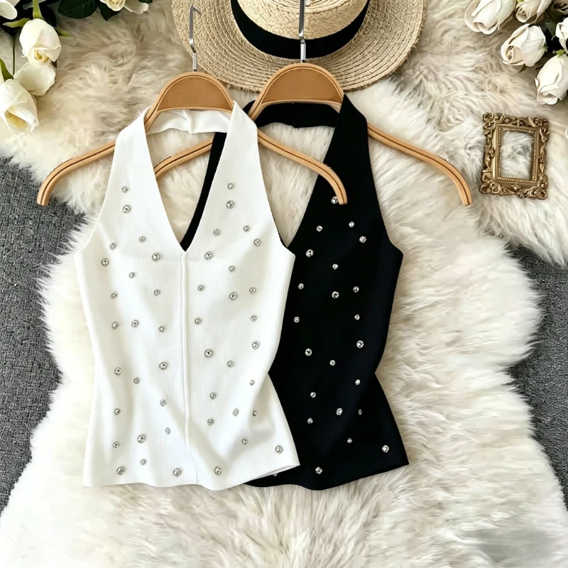 2026 New Summer Women Sexy V-neck Sleeveless Knitted Camisole Heavy Work Rhinestone Decoration Solid Color Vest Tops
