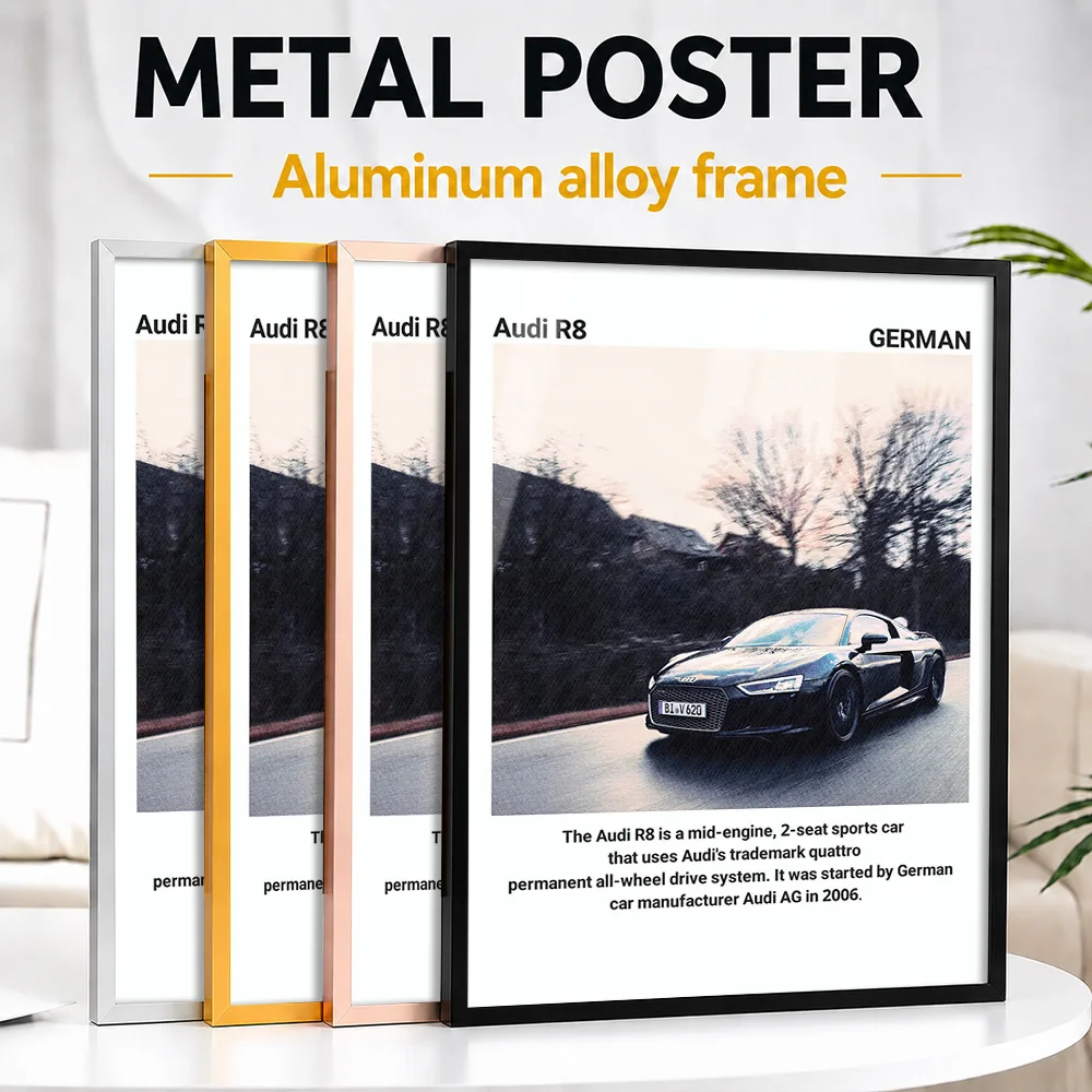 Germany R8 Sports Car Framed Aluminum Metal Poster Customized Photo High Contrast Style Wall Art For Garage Unique Driver Gift