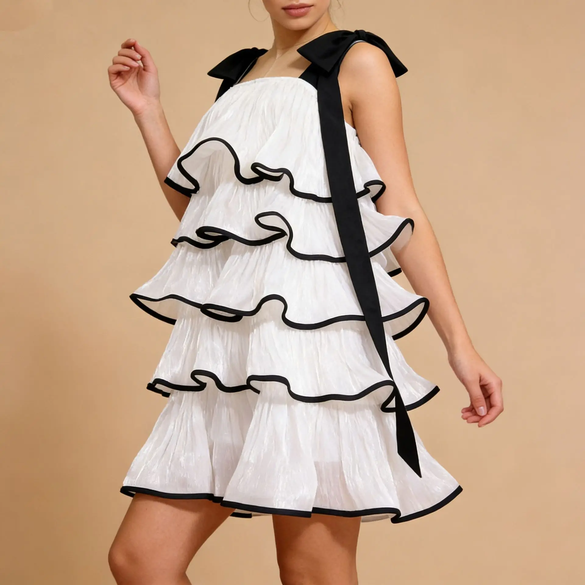 Sleeveless Camisole Cake Short Dress Square Collar Off The Shoulder Spliced Bow Multi-layer Ruffles Beautiful 2026 Spring New