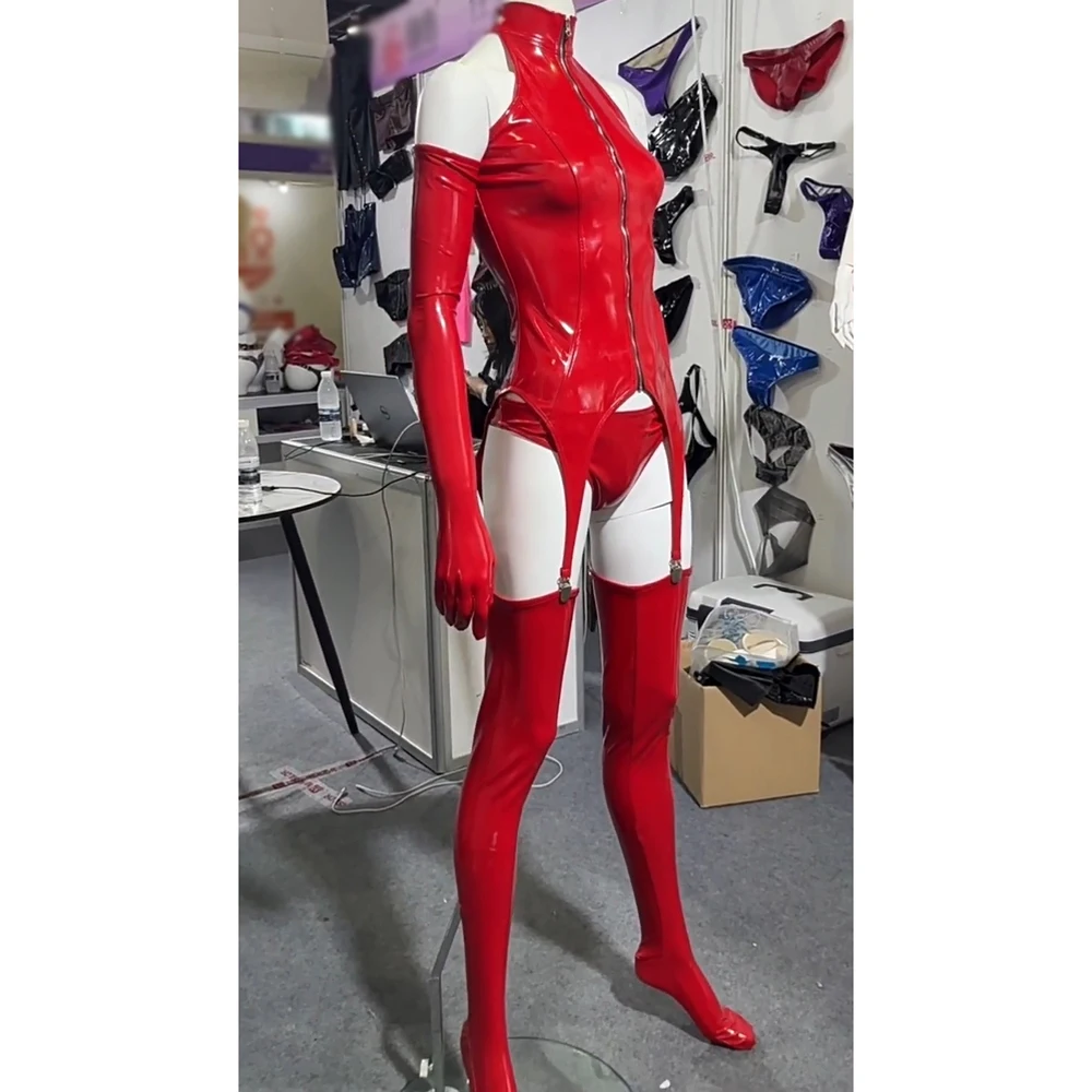 Tights Wet Look PVC Cosplay Outfit Shiny PU Leather Crotchless Bodysuit Body Garter Belt Thigh High Stokings Gloves Briefs Suit