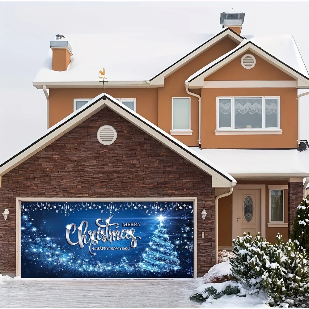 Christmas Decorated Banner Christmas Garage Door decorations, large blue Christmas Garage Door cover banner background