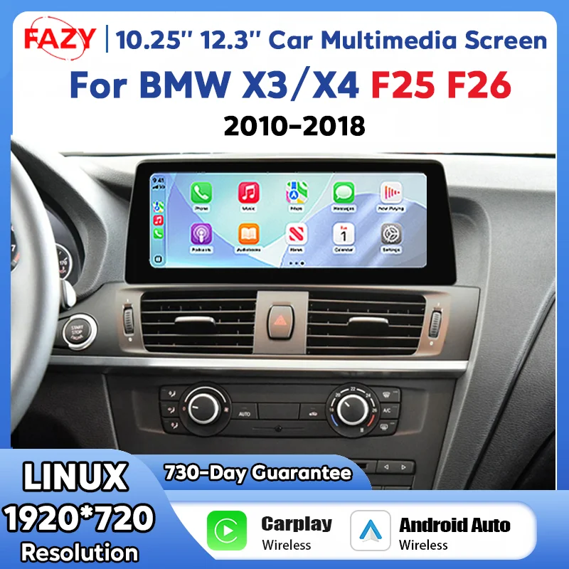 Tela multimídia automotiva Linux de 10,25'' 12,3'' 1920*720 para BMW X3 F25 X4 F26 2010-2018 com Android Auto, Carplay sem fio e GPS.