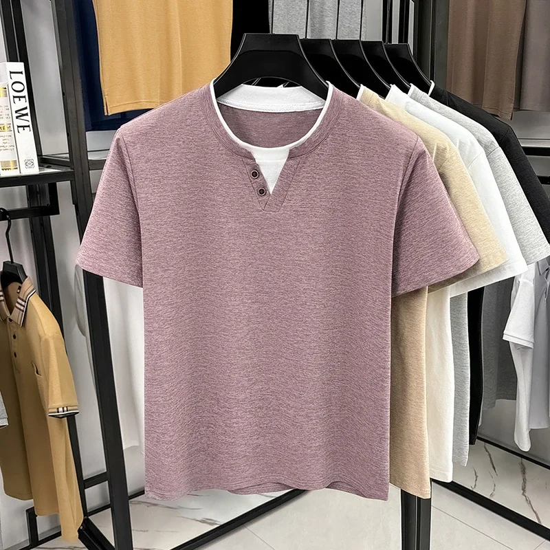 Men's Minimalist Henley Neck T Shirt With Fake Two Piece And Two Button Design Comfortable Fabric