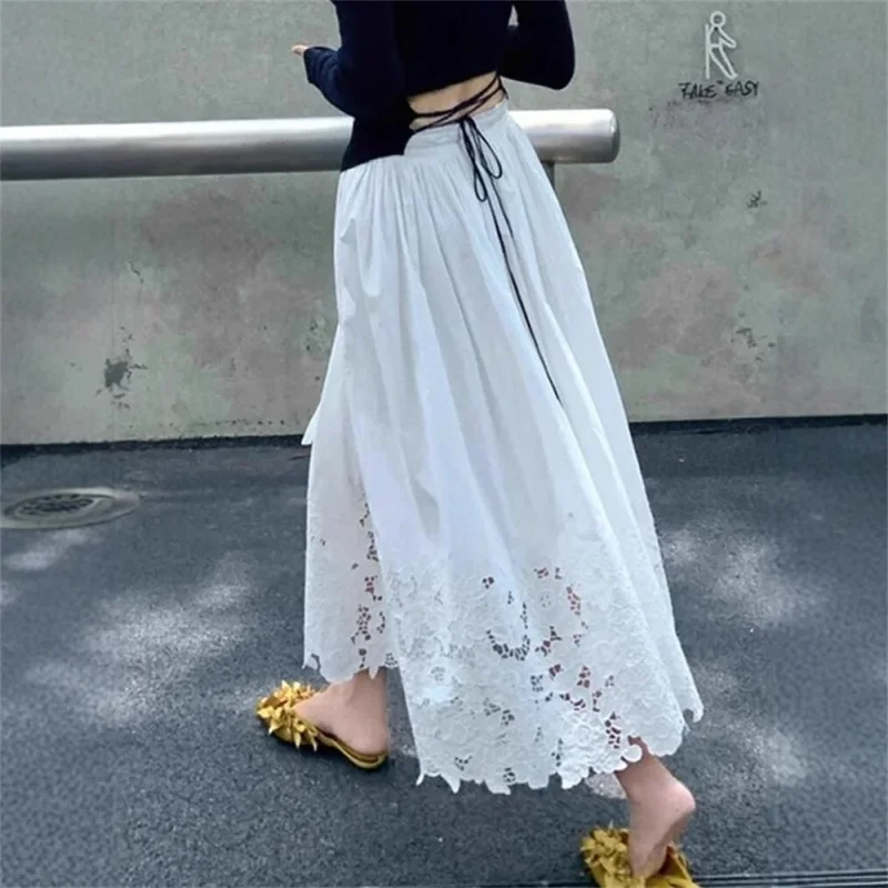 2026 Summer Crochet Sweet Elegant A-line Long Skirts Women High Waist Skirt Korean French Style Fashion White Skirt Hollow Out